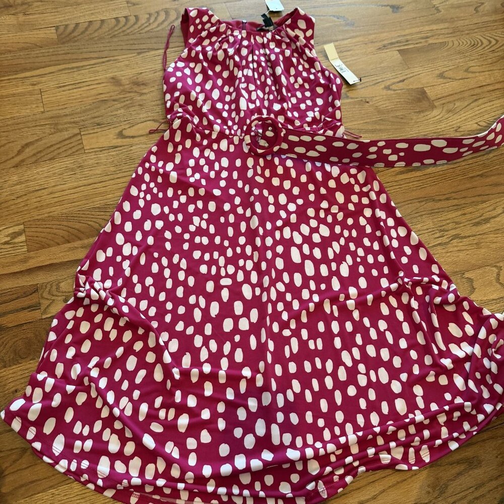 MAGGY LONDON PETITE 0 WOMENS PINK POLKA DOT BELTED DRESS NEW 0P